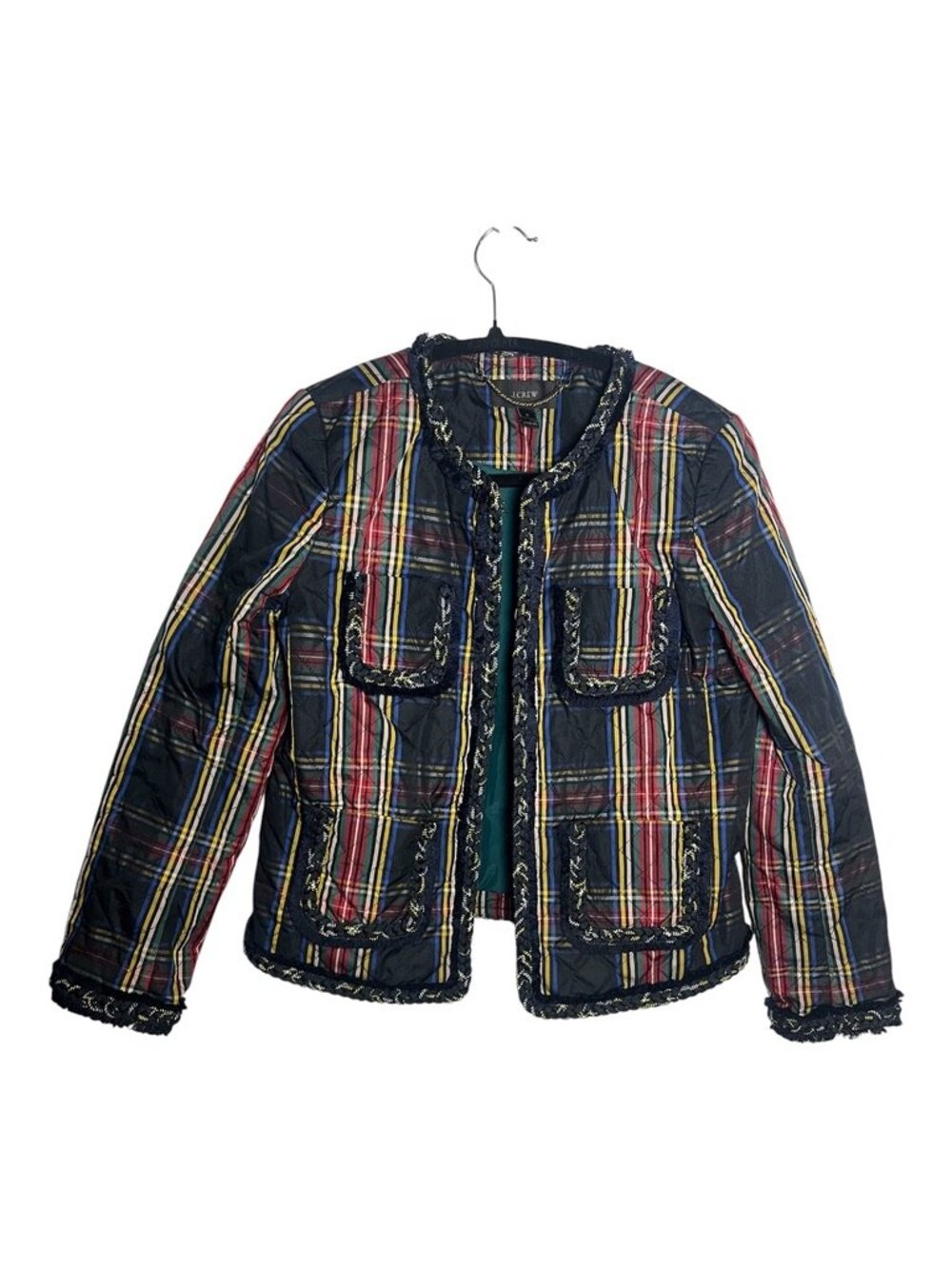 J.Crew Quilted Tartan Plaid Lady Jacket Braid Trim Holiday Christmas Size 0 XS